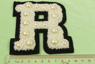 3D Black Fiber With Bugles 3D Embroidery Patches And DIY Pearl &quot;R&quot; Font  Pattern