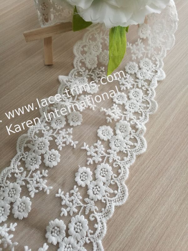 100%Cotton Embroidery Lace On Mesh Fabric Color Can Be Dye To Match As Required