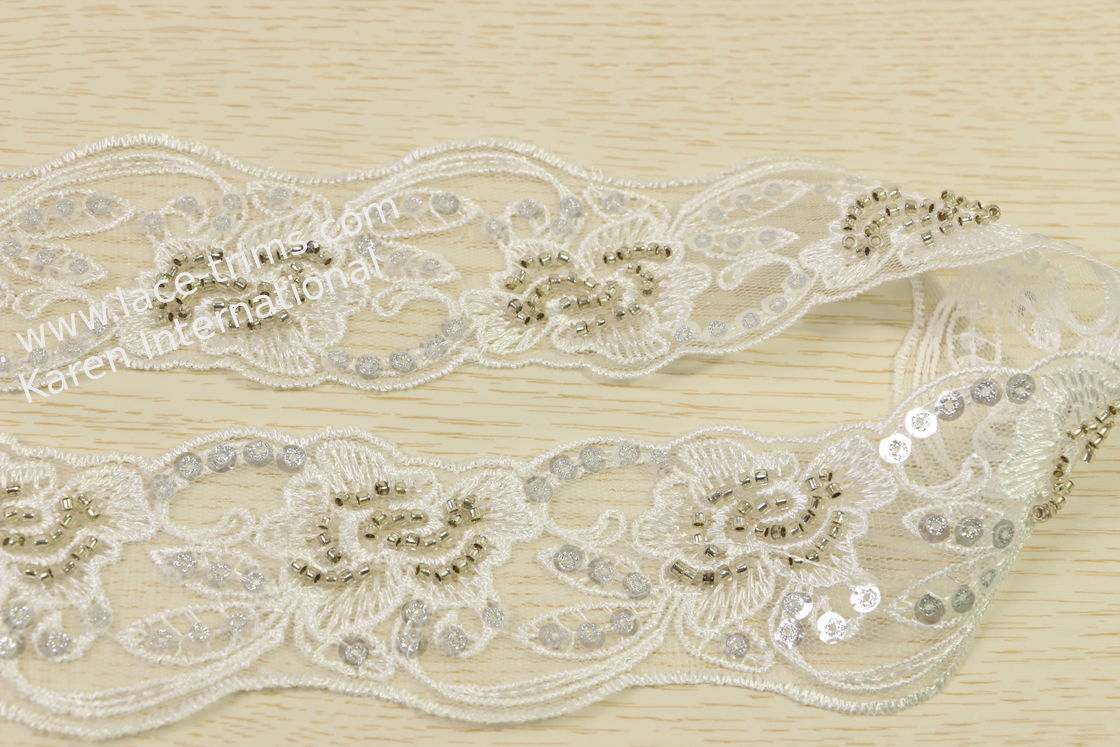 ODM white bridal lace trim Flower embroidered Botanical paillettes translucent
